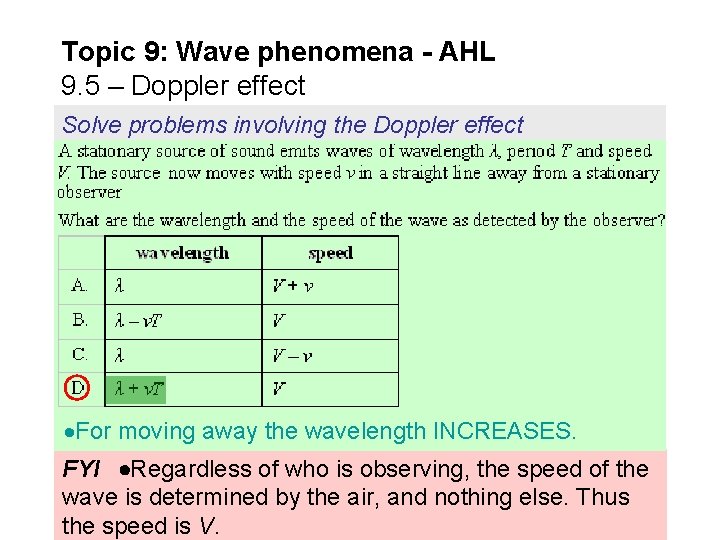 Topic 9: Wave phenomena - AHL 9. 5 – Doppler effect Solve problems involving