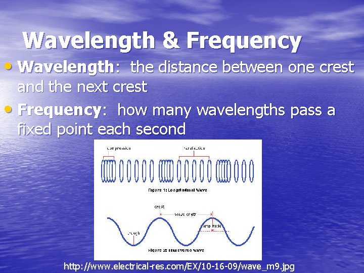 Wavelength & Frequency • Wavelength: the distance between one crest and the next crest