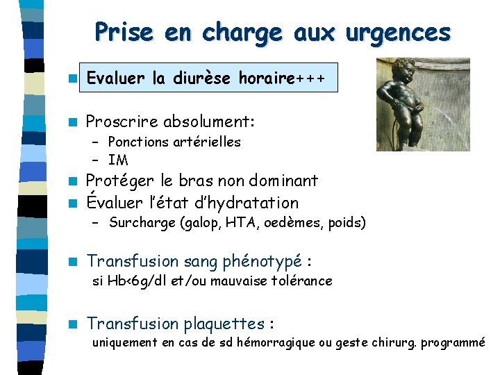 Prise en charge aux urgences n Evaluer la diurèse horaire+++ n Proscrire absolument: –