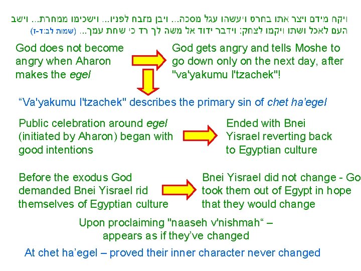 God does not become angry when Aharon makes the egel God gets angry and