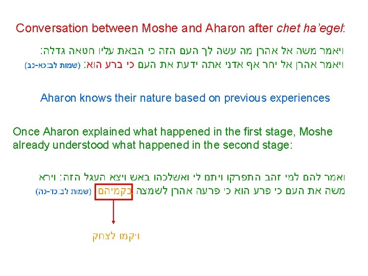 Conversation between Moshe and Aharon after chet ha’egel: Aharon knows their nature based on