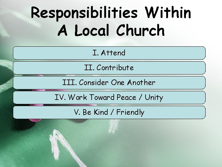 Responsibilities Within A Local Church I. Attend II. Contribute III. Consider One Another IV.