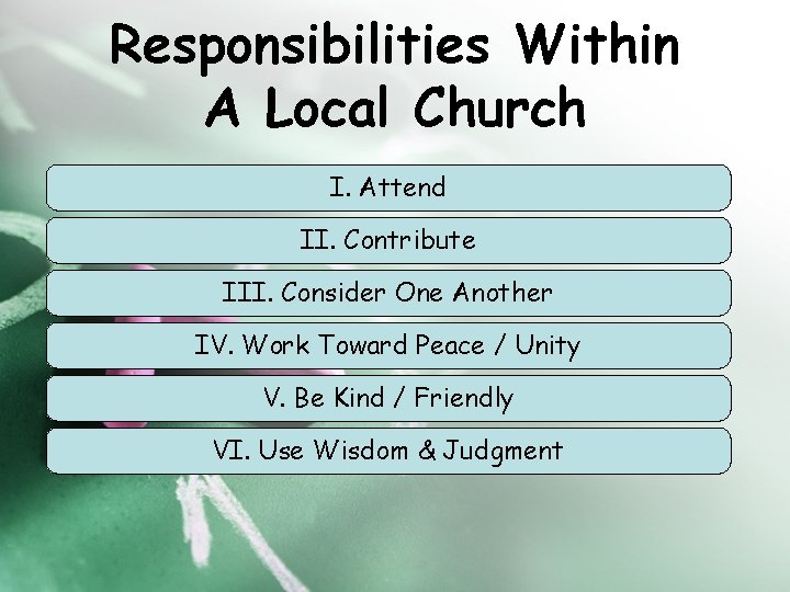 Responsibilities Within A Local Church I. Attend II. Contribute III. Consider One Another IV.
