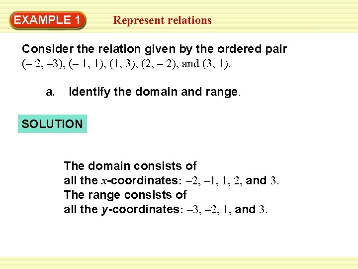 EXAMPLE 1 Represent relations Consider the relation given