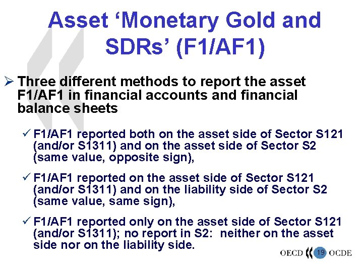 Asset ‘Monetary Gold and SDRs’ (F 1/AF 1) Ø Three different methods to report