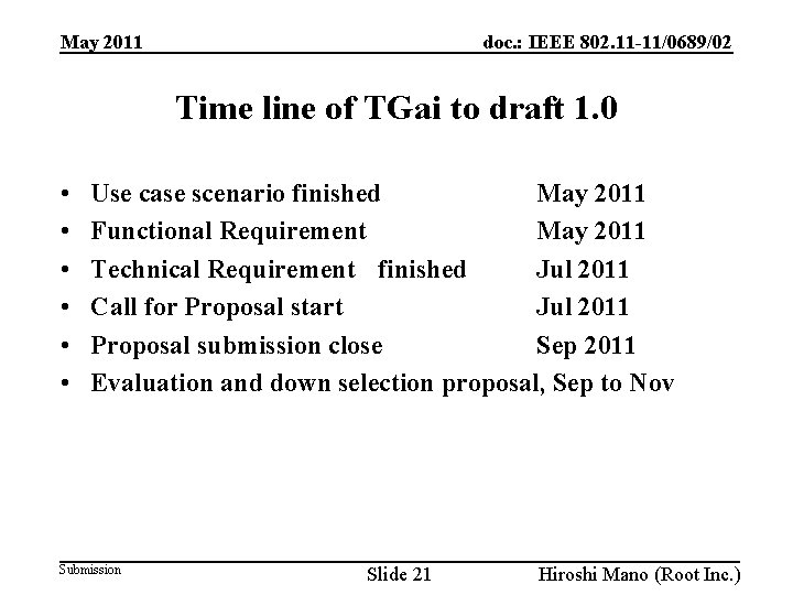 doc. : IEEE 802. 11 -11/0689/02 May 2011 Time line of TGai to draft