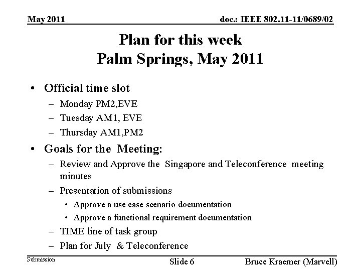 doc. : IEEE 802. 11 -11/0689/02 May 2011 Plan for this week Palm Springs,