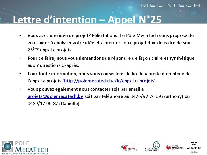 Lettre d’intention – Appel N° 25 • Vous avez une idée de projet? Félicitations!