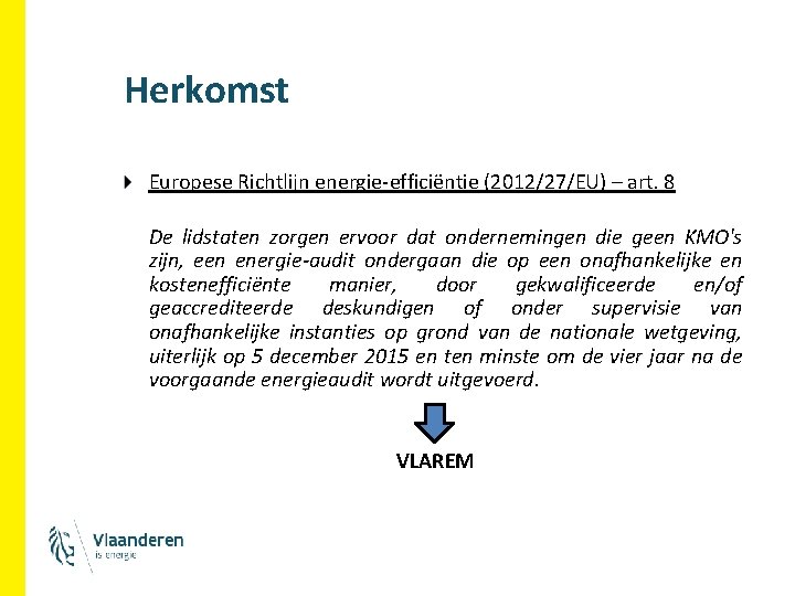 Herkomst Europese Richtlijn energie-efficiëntie (2012/27/EU) – art. 8 De lidstaten zorgen ervoor dat ondernemingen