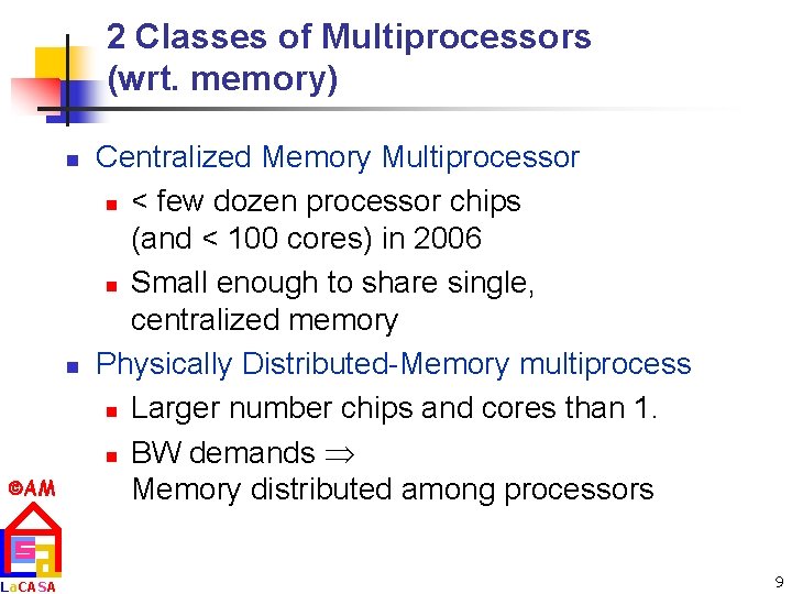 2 Classes of Multiprocessors (wrt. memory) n n AM La. CASA Centralized Memory Multiprocessor