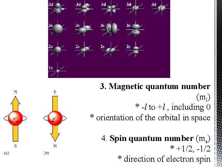 3. Magnetic quantum number (ml) * -l to +l , including 0 * orientation