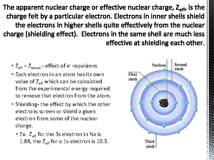 § Zeff = Zactual - effect of e- repulsions § Each electron in an