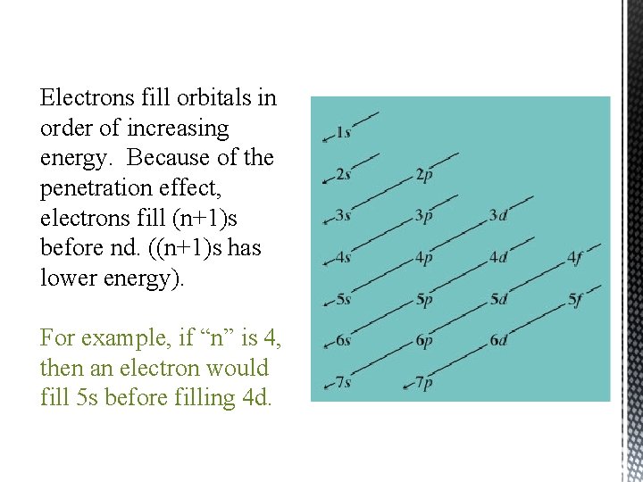 Electrons fill orbitals in order of increasing energy. Because of the penetration effect, electrons