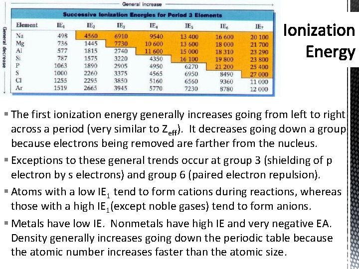 § The first ionization energy generally increases going from left to right across a
