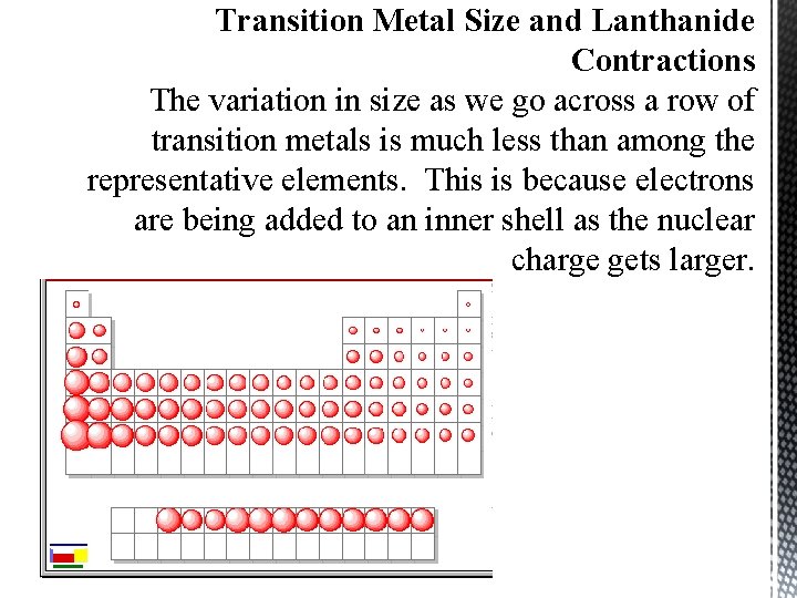 Transition Metal Size and Lanthanide Contractions The variation in size as we go across