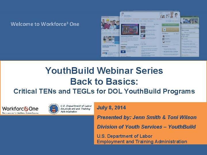 Welcome to Workforce 3 One Youth. Build Webinar Series Back to Basics: Critical TENs