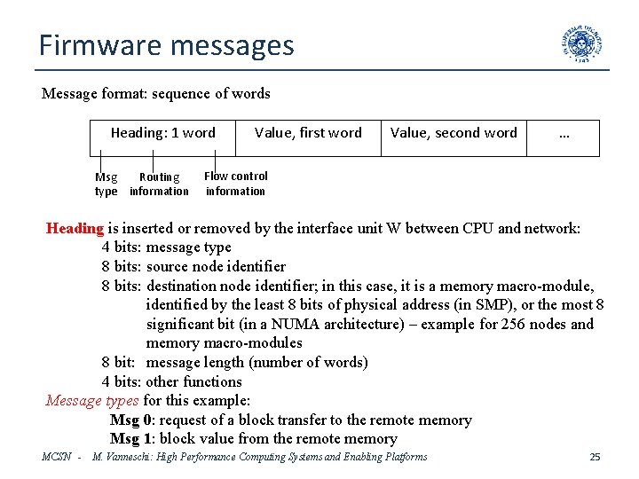 Firmware messages Message format: sequence of words Heading: 1 word Msg Routing type information