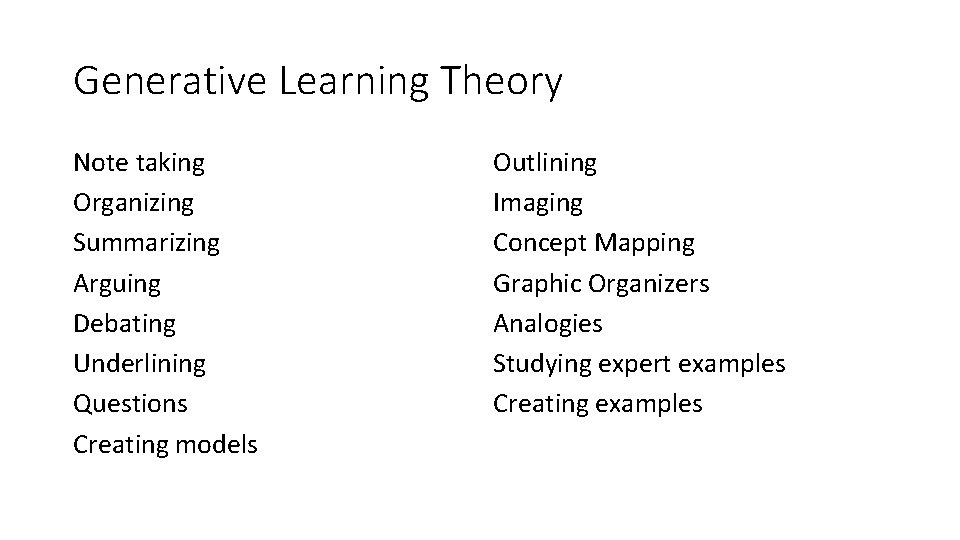 Generative Learning Theory Note taking Organizing Summarizing Arguing Debating Underlining Questions Creating models Outlining