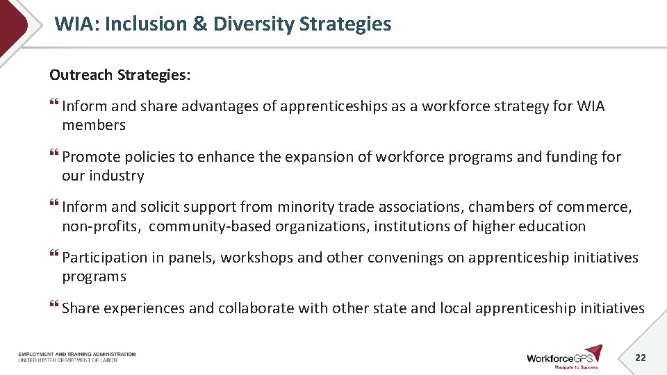 WIA: Inclusion & Diversity Strategies Outreach Strategies: Inform and share advantages of apprenticeships as