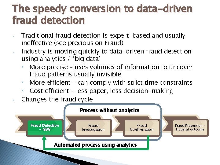 The speedy conversion to data-driven fraud detection • • • Traditional fraud detection is