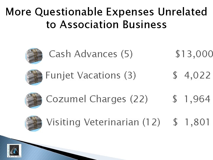 More Questionable Expenses Unrelated to Association Business Cash Advances (5) $13, 000 Funjet Vacations