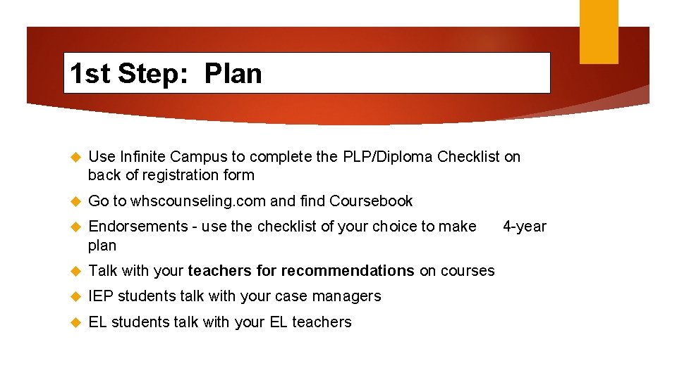 1 st Step: Plan Use Infinite Campus to complete the PLP/Diploma Checklist on back
