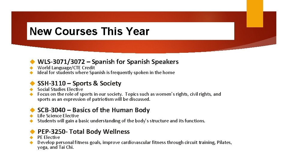 New Courses This Year WLS-3071/3072 – Spanish for Spanish Speakers World Language/CTE Credit Ideal