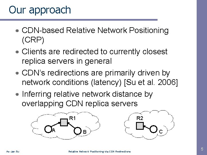 Our approach CDN-based Relative Network Positioning (CRP) Clients are redirected to currently closest replica