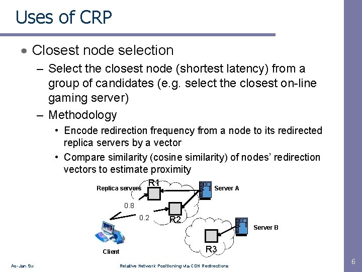 Uses of CRP Closest node selection – Select the closest node (shortest latency) from