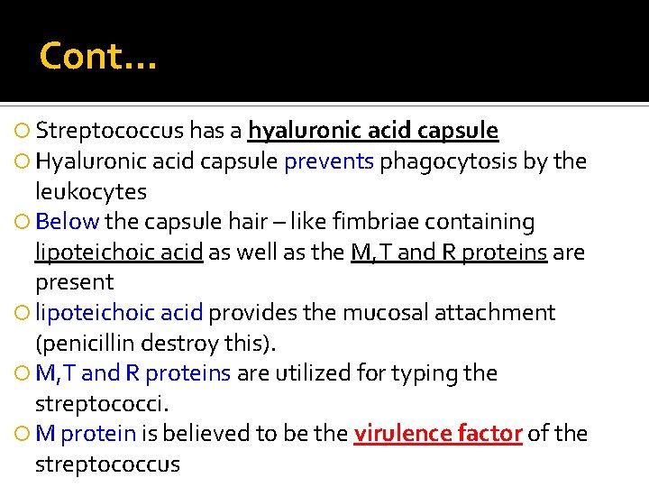 Cont… Streptococcus has a hyaluronic acid capsule Hyaluronic acid capsule prevents phagocytosis by the