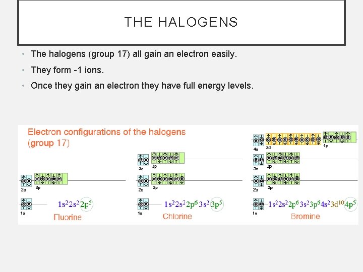 THE HALOGENS • The halogens (group 17) all gain an electron easily. • They