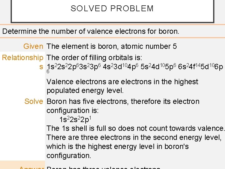 SOLVED PROBLEM Determine the number of valence electrons for boron. Given The element is
