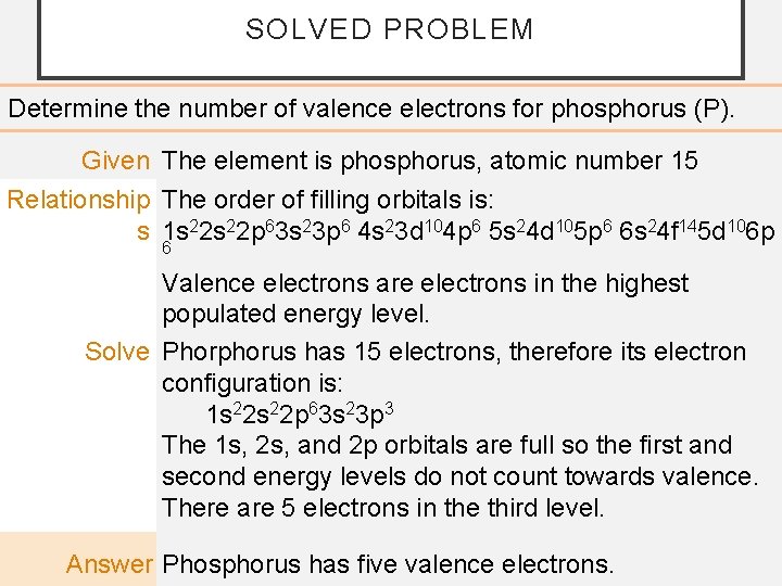 SOLVED PROBLEM Determine the number of valence electrons for phosphorus (P). Given The element