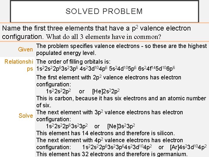 SOLVED PROBLEM Name the first three elements that have a p 2 valence electron