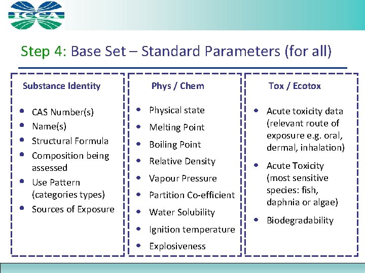 Step 4: Base Set – Standard Parameters (for all) Substance Identity • • •