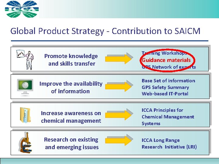 Global Product Strategy - Contribution to SAICM Promote knowledge and skills transfer Training Workshops