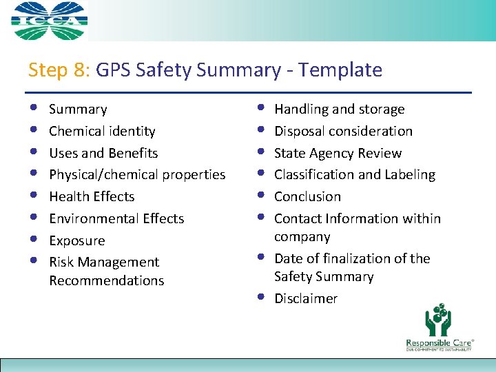 Step 8: GPS Safety Summary - Template • • Summary Chemical identity Uses and