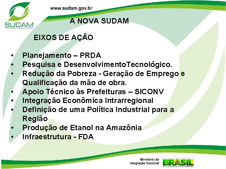 A NOVA SUDAM EIXOS DE AÇÃO • • Planejamento – PRDA Pesquisa e Desenvolvimento.