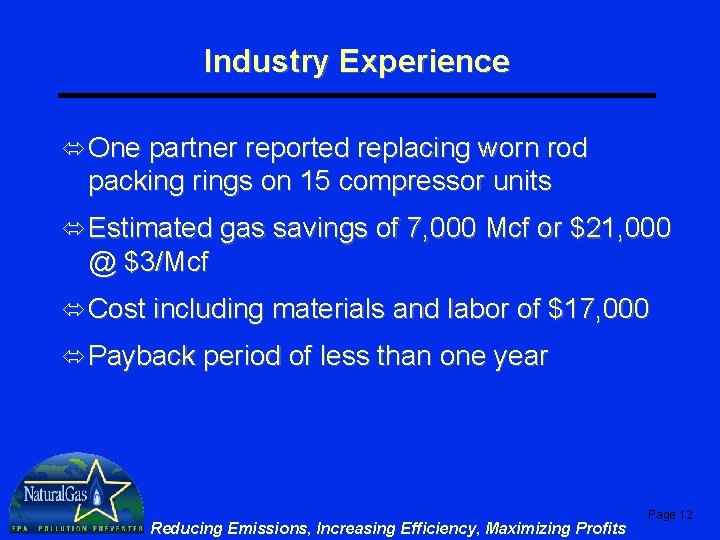 Industry Experience ó One partner reported replacing worn rod packing rings on 15 compressor