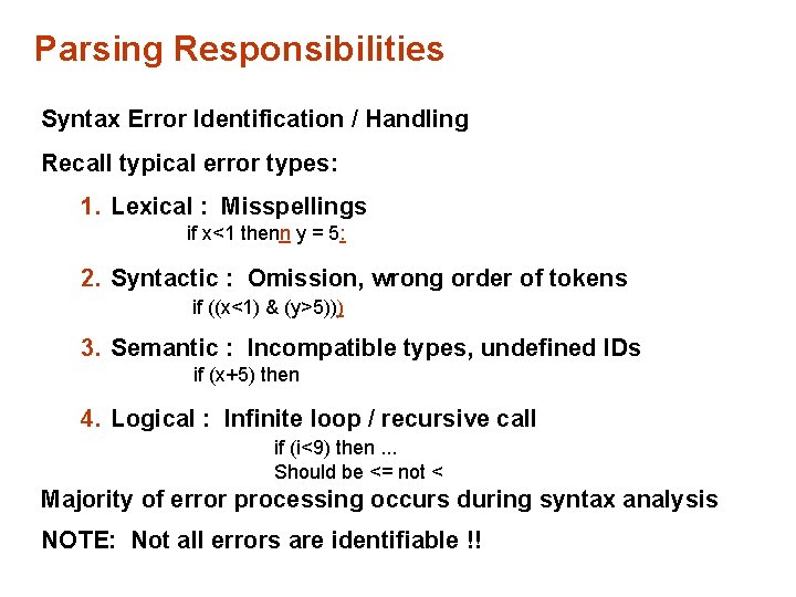 Parsing Responsibilities Syntax Error Identification / Handling Recall typical error types: 1. Lexical :