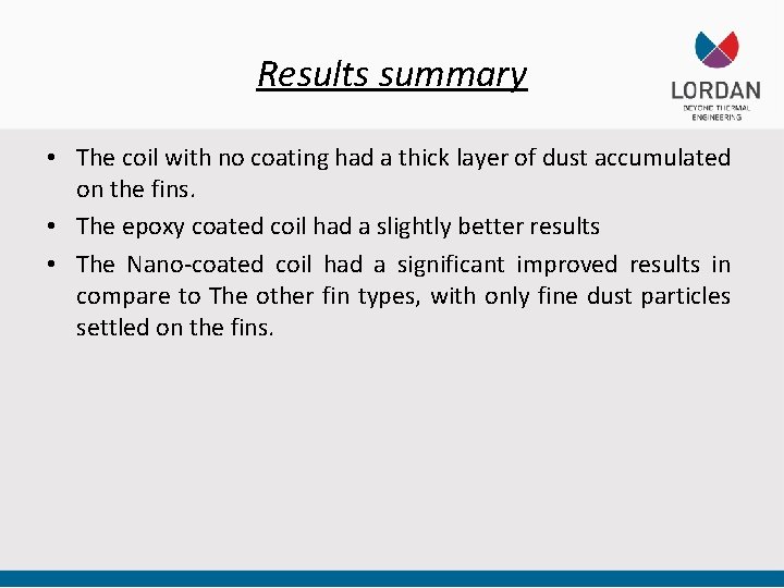 Results summary • The coil with no coating had a thick layer of dust