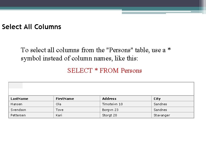 Select All Columns To select all columns from the "Persons" table, use a *