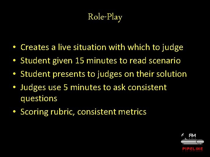 Role-Play Creates a live situation with which to judge Student given 15 minutes to
