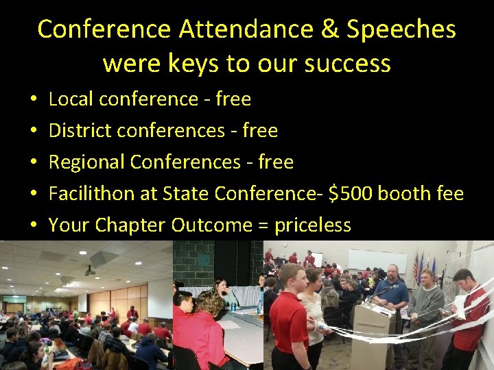 Conference Attendance & Speeches were keys to our success • • • Local conference