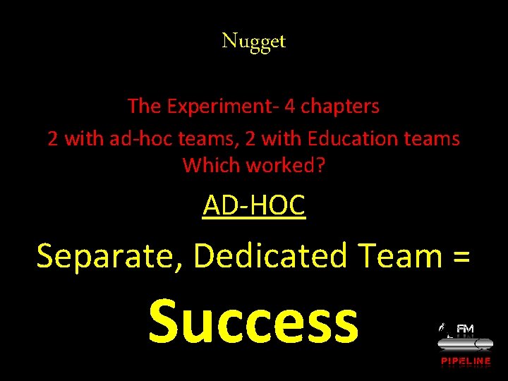 Nugget The Experiment- 4 chapters 2 with ad-hoc teams, 2 with Education teams Which