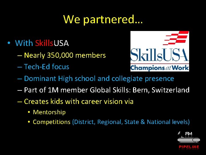 We partnered… • With Skills. USA – Nearly 350, 000 members – Tech-Ed focus