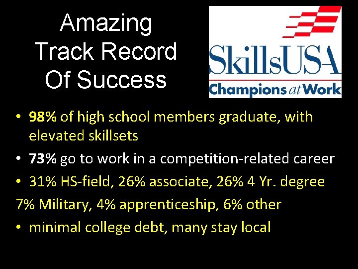 Amazing Track Record Of Success • 98% of high school members graduate, with elevated