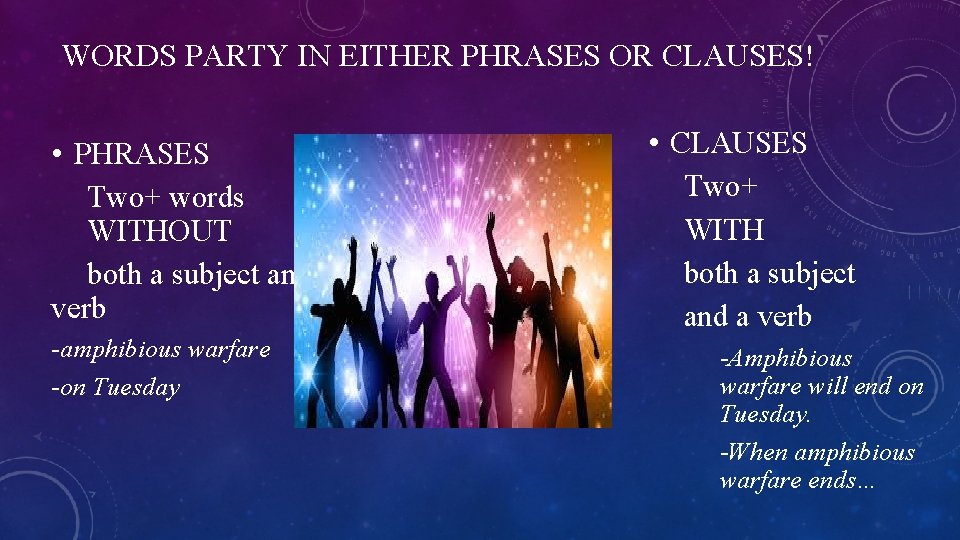 WORDS PARTY IN EITHER PHRASES OR CLAUSES! • PHRASES Two+ words WITHOUT both a