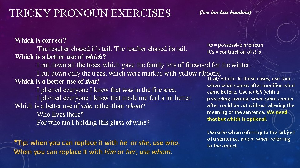 TRICKY PRONOUN EXERCISES (See in-class handout) Which is correct? Its = possessive pronoun The