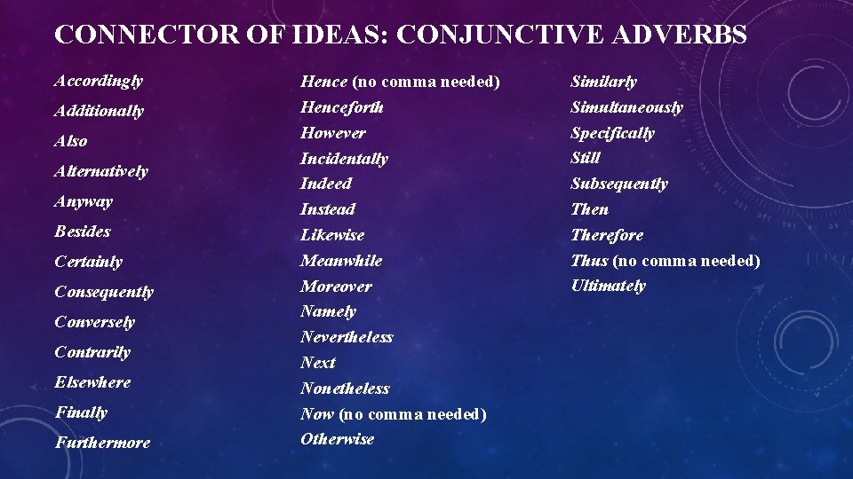 CONNECTOR OF IDEAS: CONJUNCTIVE ADVERBS Accordingly Additionally Also Alternatively Anyway Besides Certainly Consequently Conversely